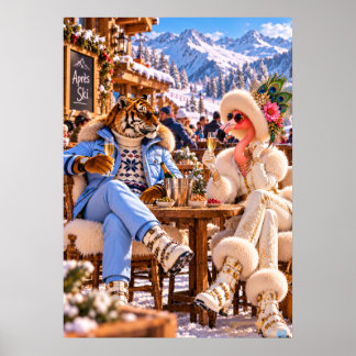Flamingo & Tiger in the Alps — Winter Après-Ski Po Poster