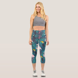 Flamingo, toucan: tropical leaf pattern capri leggings