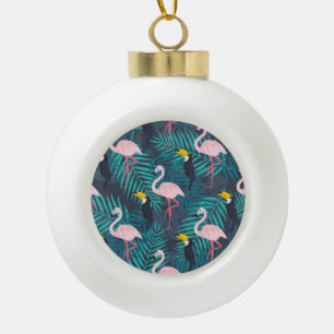 Flamingo, toucan: tropical leaf pattern ceramic ball christmas ornament