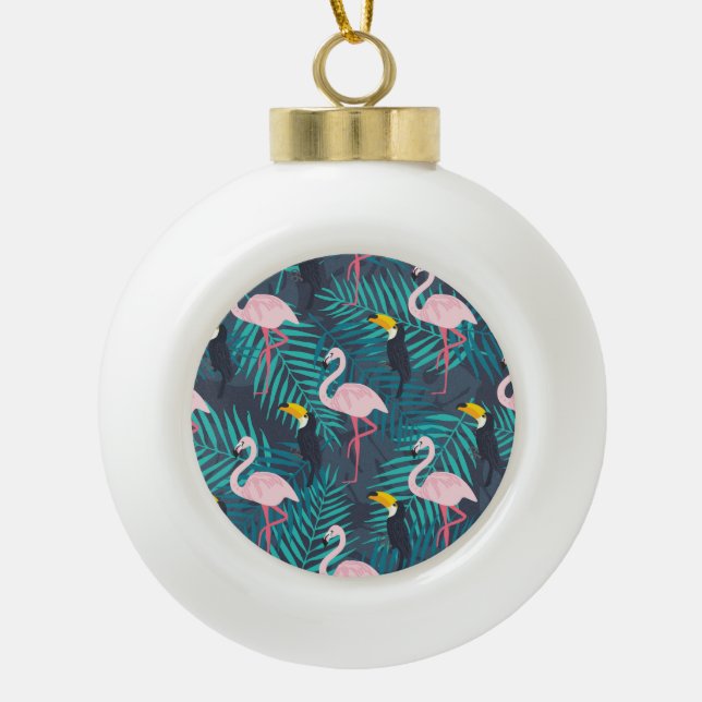 Flamingo, toucan: tropical leaf pattern ceramic ball christmas ornament (Front)