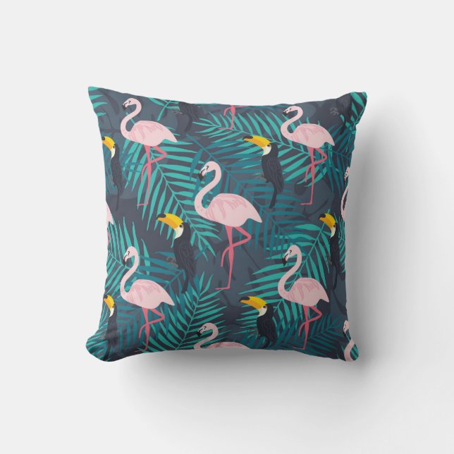Flamingo, toucan: tropical leaf pattern cushion (Front)