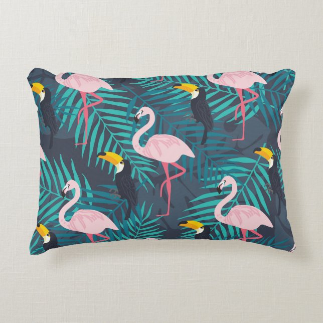 Flamingo, toucan: tropical leaf pattern decorative cushion (Front)