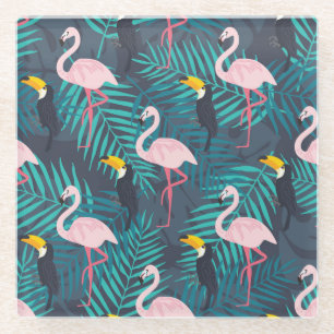 Flamingo, toucan: tropical leaf pattern glass coaster