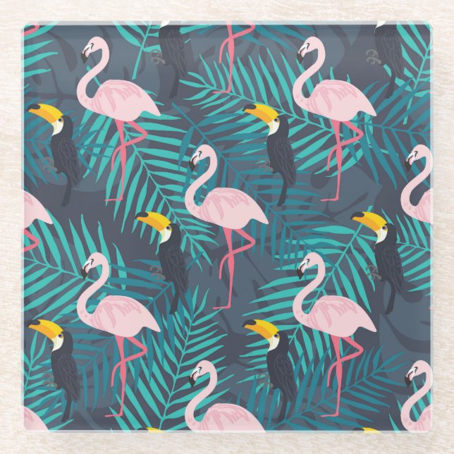 Flamingo, toucan: tropical leaf pattern glass coaster (Front)
