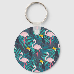 Flamingo, toucan: tropical leaf pattern key ring