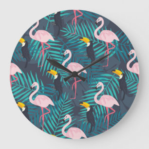 Flamingo, toucan: tropical leaf pattern large clock