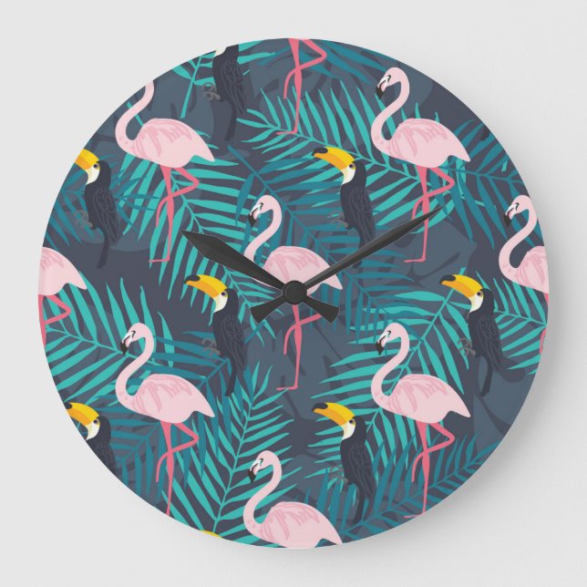 Flamingo, toucan: tropical leaf pattern large clock (Front)