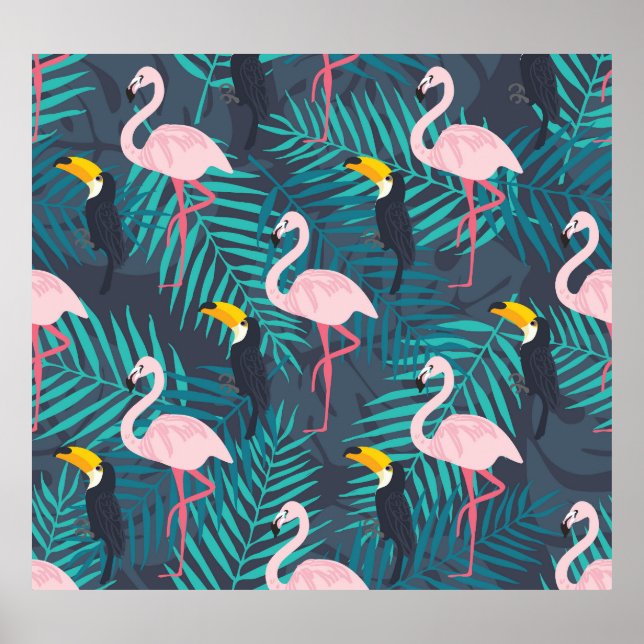 Flamingo, toucan: tropical leaf pattern poster (Front)