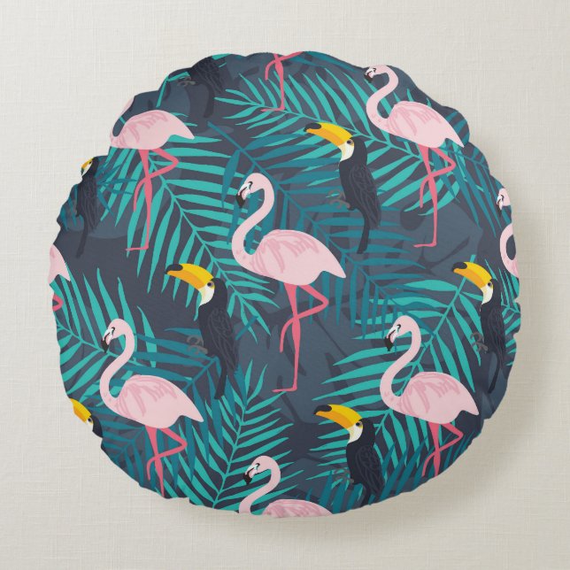 Flamingo, toucan: tropical leaf pattern round cushion (Front)