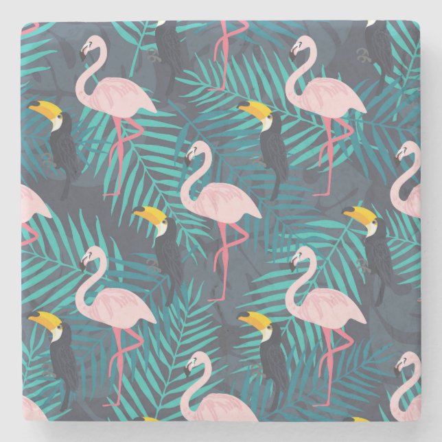Flamingo, toucan: tropical leaf pattern stone coaster (Front)
