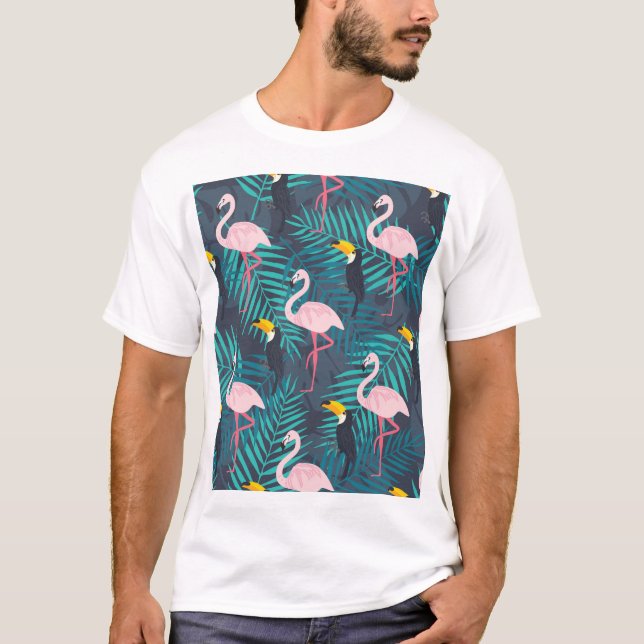 Flamingo, toucan: tropical leaf pattern T-Shirt (Front)