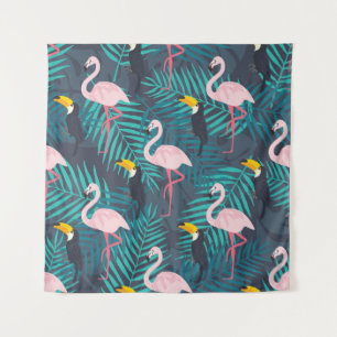 Flamingo, toucan: tropical leaf pattern tapestry