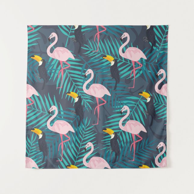 Flamingo, toucan: tropical leaf pattern tapestry (Front)