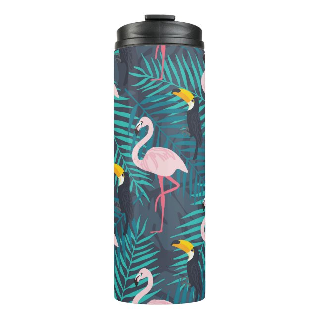 Flamingo, toucan: tropical leaf pattern thermal tumbler (Front)
