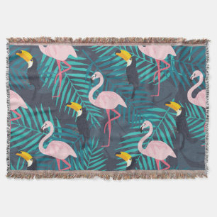 Flamingo, toucan: tropical leaf pattern throw blanket