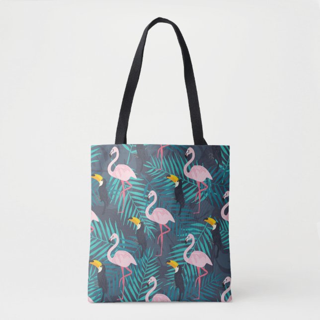 Flamingo, toucan: tropical leaf pattern tote bag (Front)