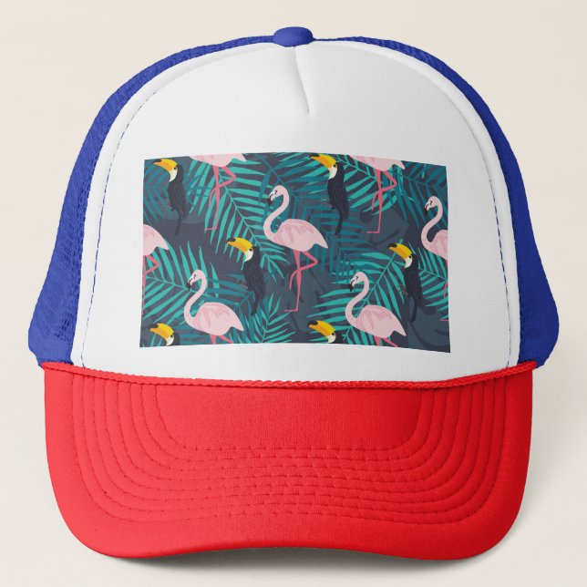 Flamingo, toucan: tropical leaf pattern trucker hat (Front)