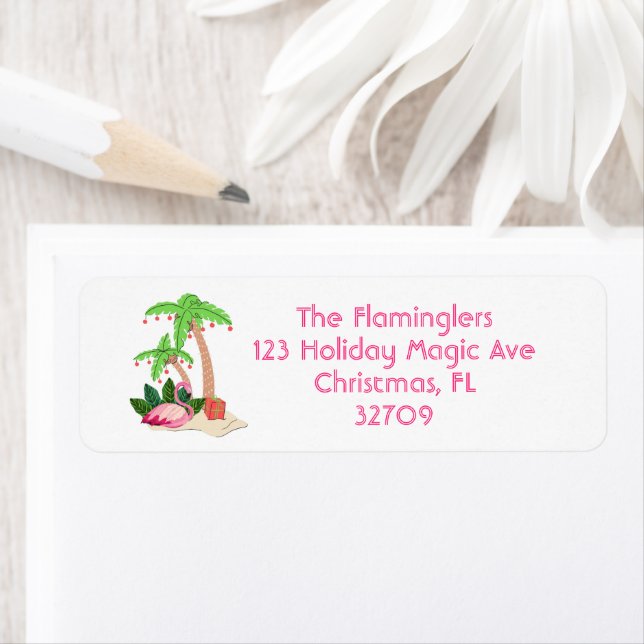 Flamingo Tropical Beach Palm Tree Christmas Return Address Label (Insitu)