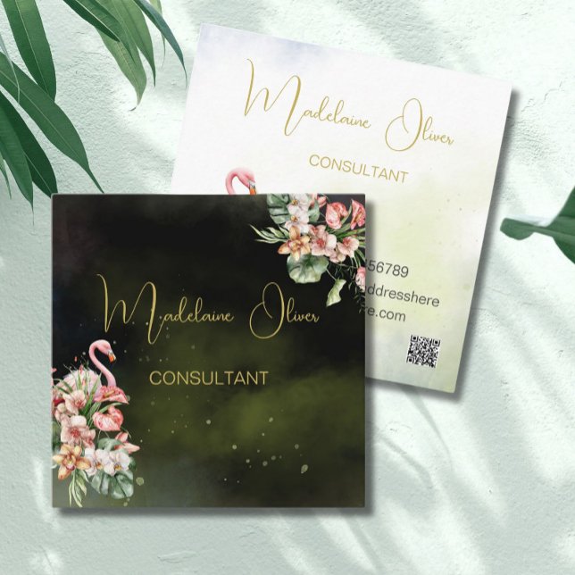 Flamingo Tropical Botanical Black Florist QR   Square Business Card (Creator Uploaded)