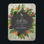 Flamingo Tropical Botanical Brick Wedding Magnet<br><div class="desc">A wedding save the date magnet featuring a tropical botanical design with a chalkboard geometric design over a white brick background.  Flamingo illustration above text.</div>