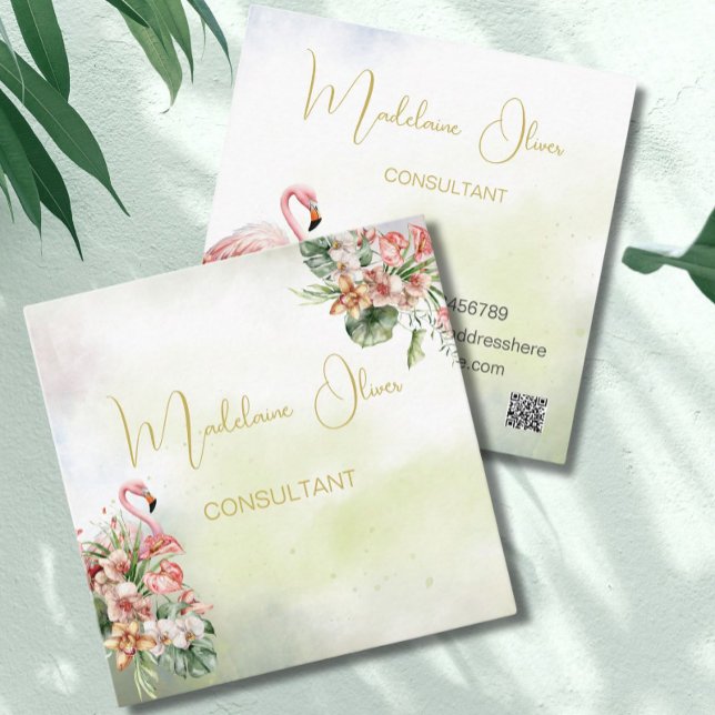 Flamingo Tropical Botanical Modern Florist  QR   Square Business Card (Creator Uploaded)