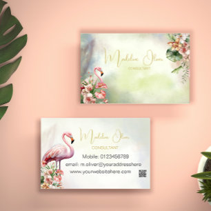 Flamingo Tropical Botanical Modern QR  Business Business Card