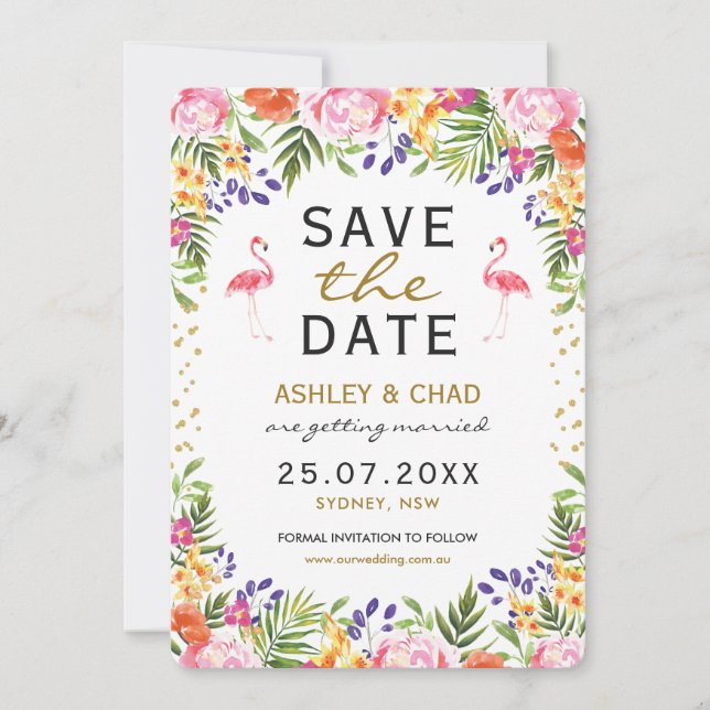 Flamingo Tropical Floral Wedding Save The Date (Front)