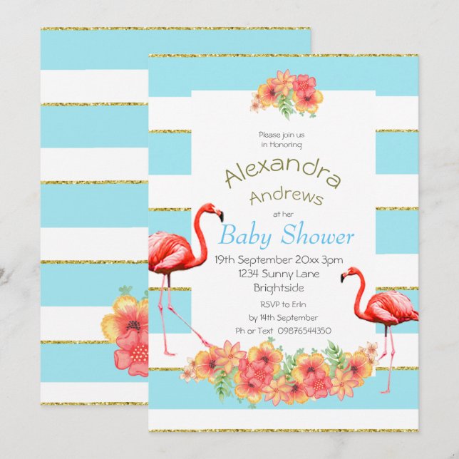 Flamingo Tropical Flowers Blue Stripe Baby Shower Invitation (Front/Back)