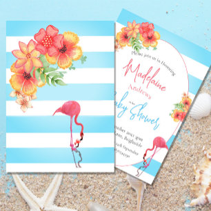 Flamingo Tropical Flowers Blue Stripe  Baby Shower Invitation
