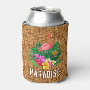 Flamingo Tropical Flowers on Wicker Print Can Cooler