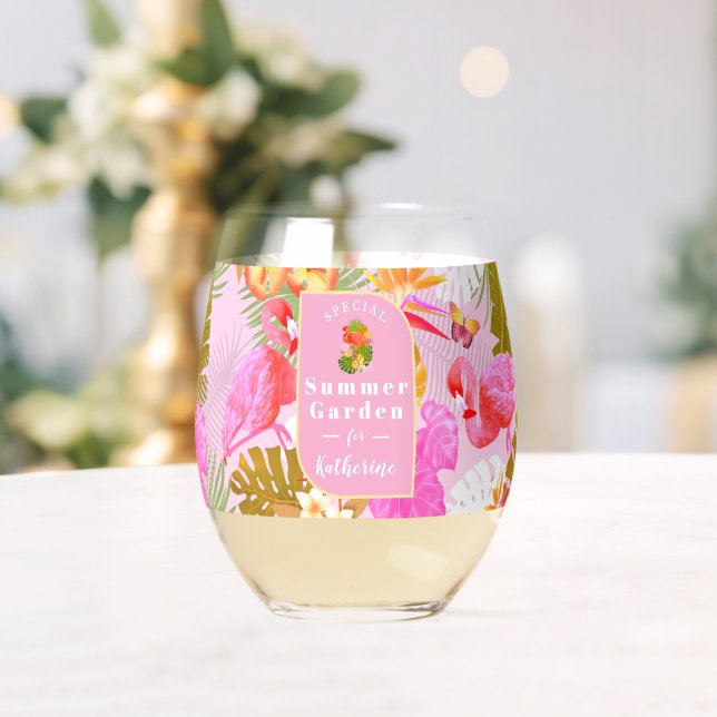 Flamingo Tropical Garden Pink Stemless Wine Glass (Insitu (Wedding))