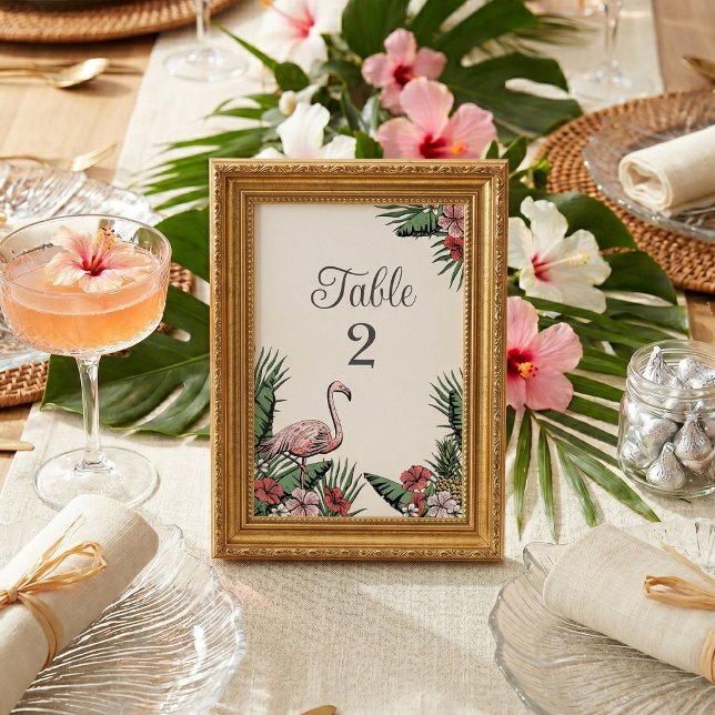 Flamingo Tropical Hand-Drawn Table Number Card (Tropical hand-drawn number card for Bridal Shower or Tropical rehearsal dinner in ivory)