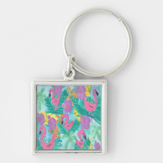 Flamingo Tropical Jungle Pattern Key Ring (Front)
