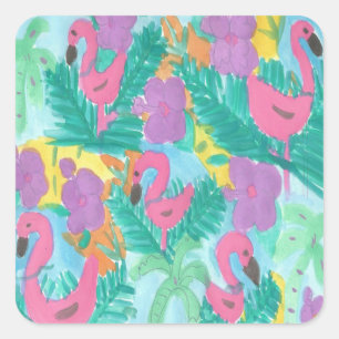 Flamingo Tropical Jungle Print Square Sticker
