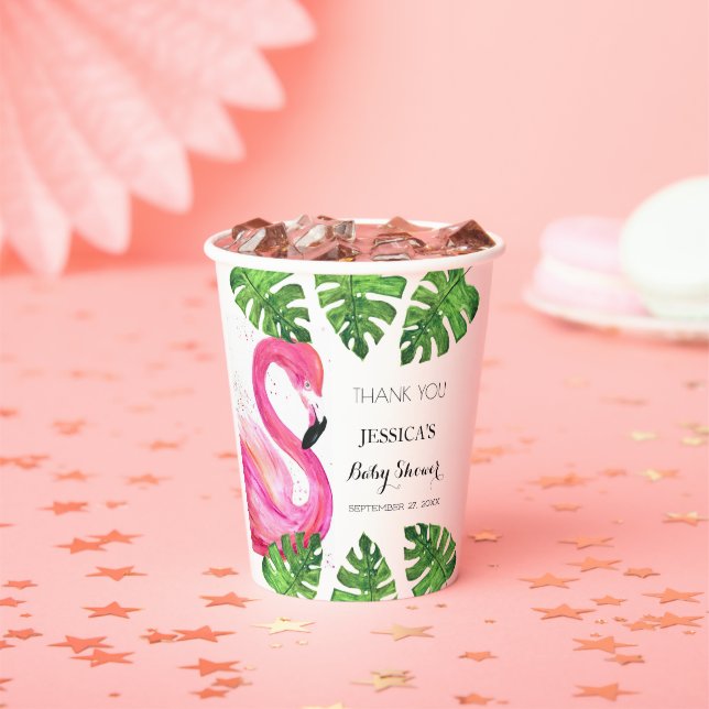 Flamingo Tropical Leaves Baby Shower Party Favour Paper Cups (Insitu)