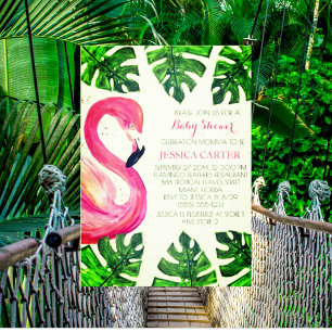 Flamingo Tropical Leaves Baby Shower Pink Girl Invitation