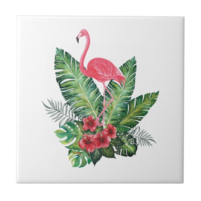 Flamingo tropical leaves ceramic tile (Front)