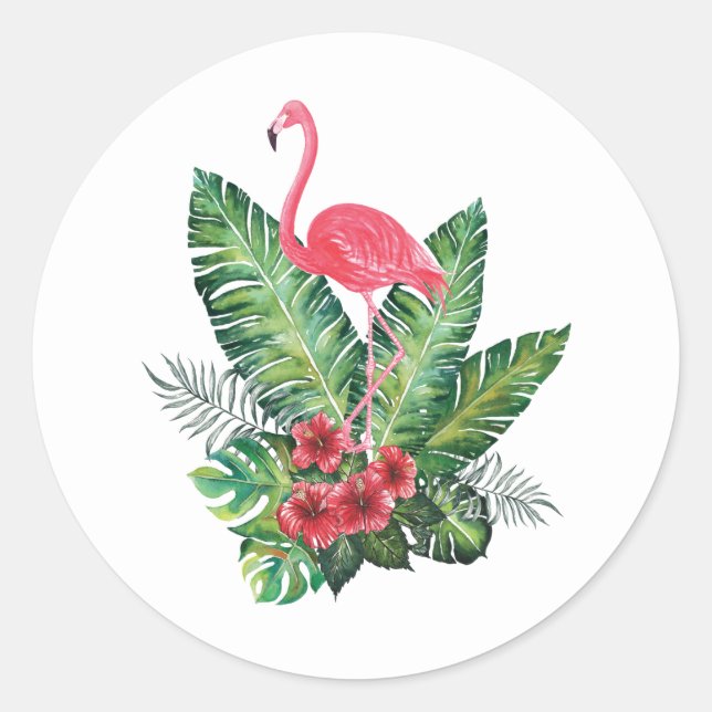 Flamingo tropical leaves classic round sticker (Front)