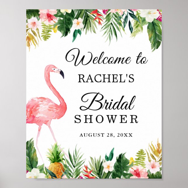 Flamingo Tropical Leaves Floral Bridal Shower Sign (Front)