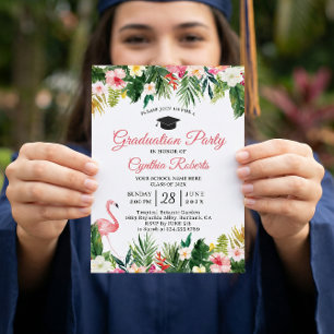 Flamingo Tropical Leaves Floral Graduation Party Invitation