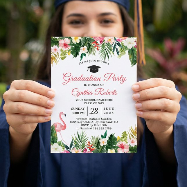 Flamingo Tropical Leaves Floral Graduation Party Invitation (Creator Uploaded)