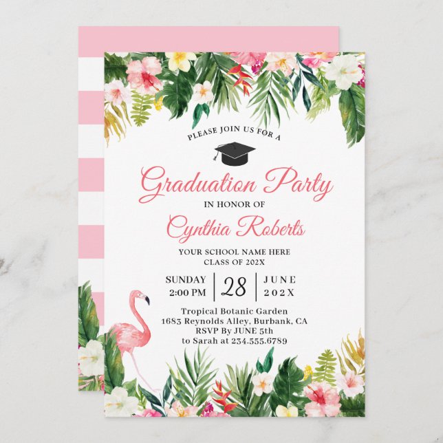 Flamingo Tropical Leaves Floral Graduation Party Invitation (Front/Back)