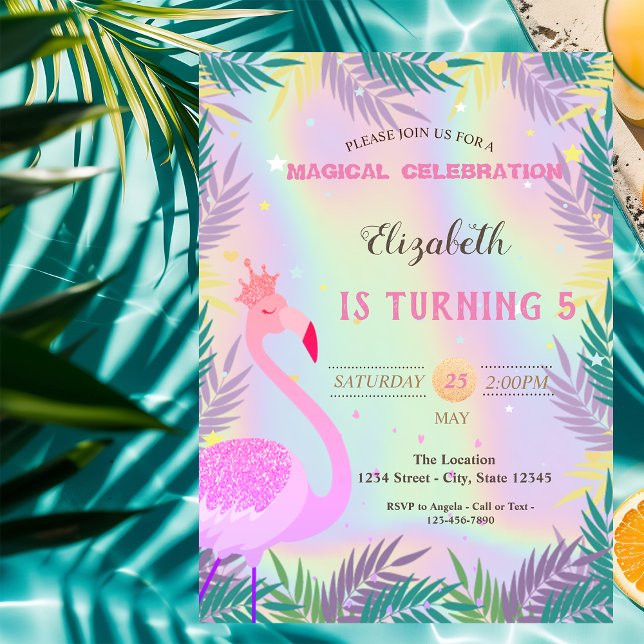 Flamingo,Tropical Leaves Holographic Birthday Invitation (Creator Uploaded)
