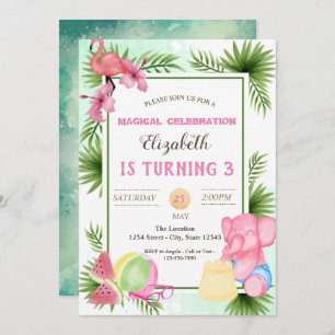 Flamingo,Tropical Leaves, Summer Birthday Invitation