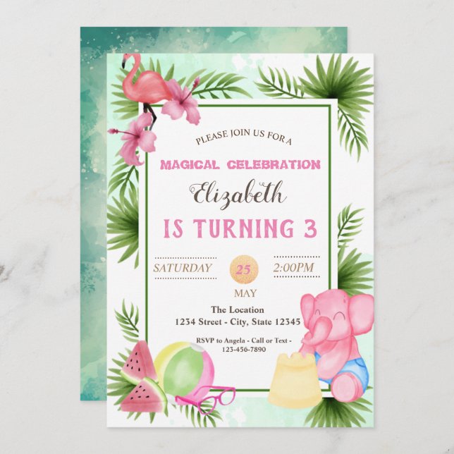Flamingo,Tropical Leaves, Summer Birthday Invitation (Front/Back)