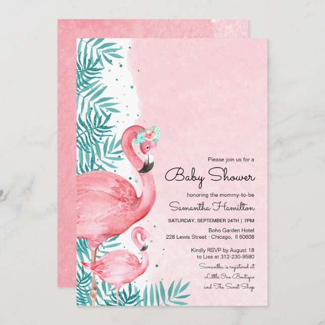 Flamingo & Tropical Leaves Watercolor Baby Shower Invitation (Front/Back)