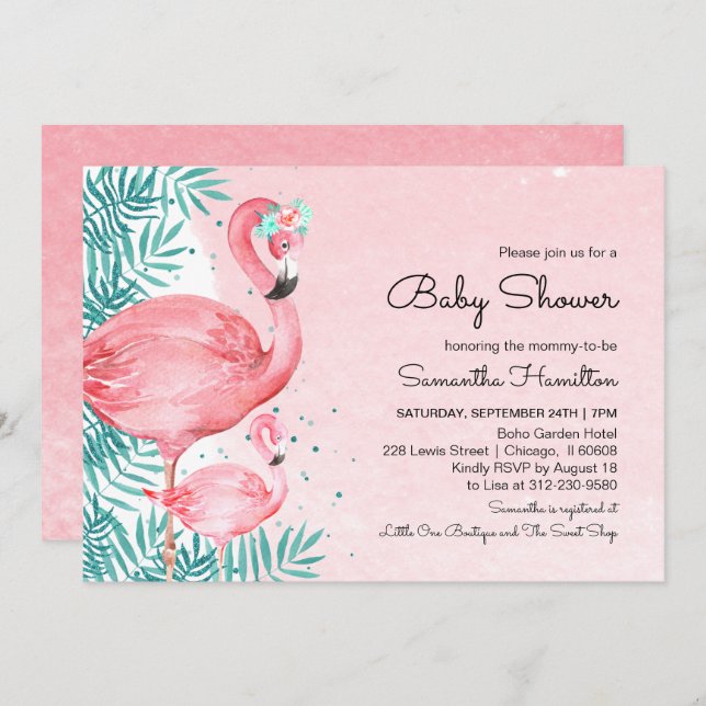 Flamingo & Tropical Leaves Watercolor Baby Shower Invitation (Front/Back)
