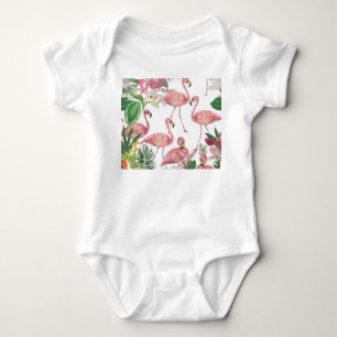 Flamingo Tropical Leaves Watercolor Pattern Baby Bodysuit
