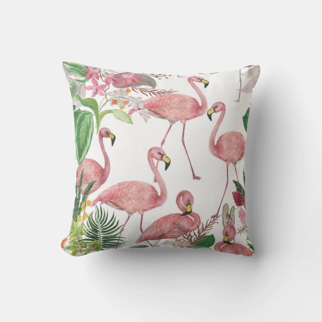 Flamingo Tropical Leaves Watercolor Pattern Cushion (Front)