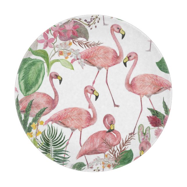 Flamingo Tropical Leaves Watercolor Pattern Cutting Board (Front)